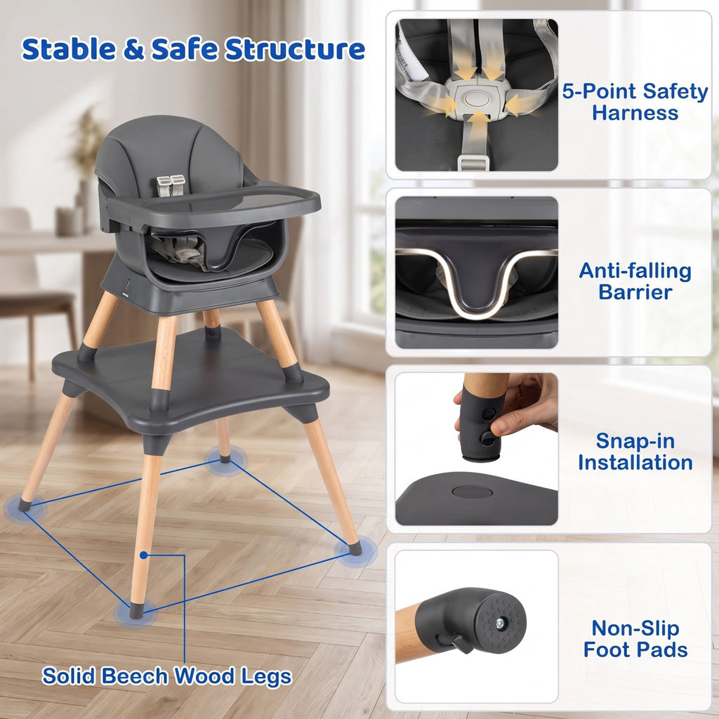 Airfind 9-in-1 Convertible High Chair with Solid Wood Legs for Babies and Toddlers, 33 lbs Capacity, PP Frame, for 6 months to 3 years old, Gray