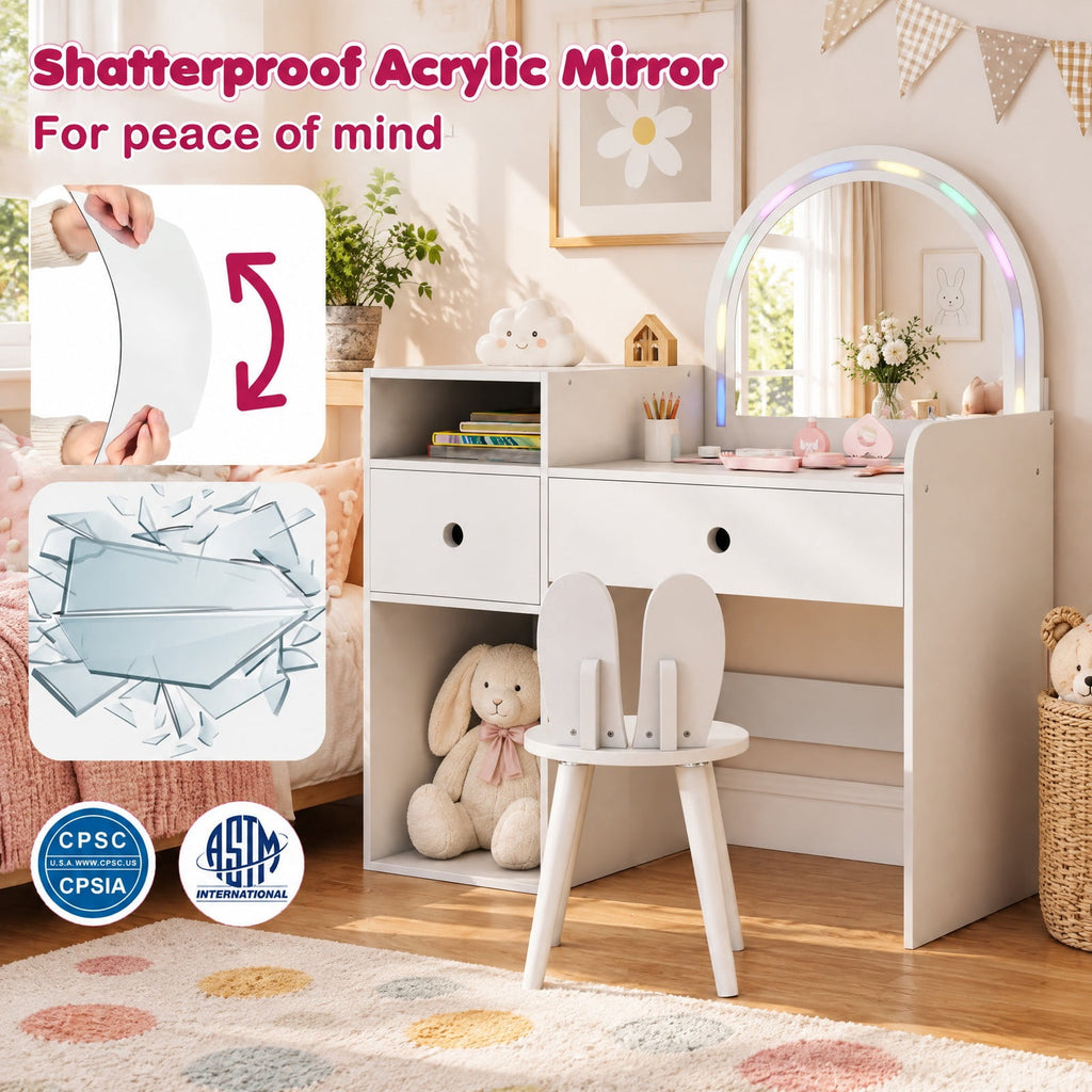 Airfind Kids Vanity Desk and Chair Set with Lights Open Shelves, 110 lbs Capacity, MDF Frame, 31.5 x 15.5 x 37.5 Tabletop Footprint, White