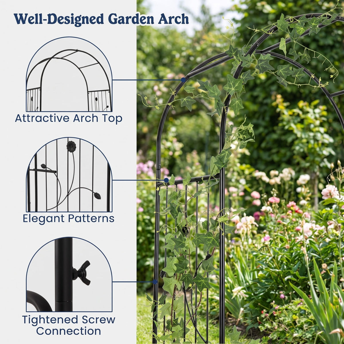 Airfind 87 Inches Garden Arbor with Lockable Gate Side Planters, Metal Frame, 80 x 20 x 87 Footprint, Black