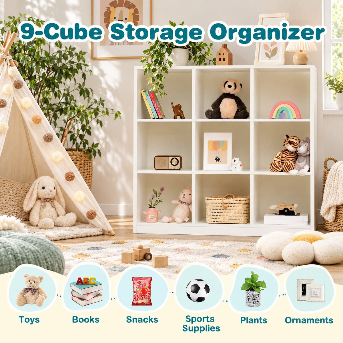 Airfind Modern 9-Cube Bookcase with 2 Anti-Tipping Kits for Books Toys Ornaments, 330 lbs Capacity, Engineered Wood Frame, White
