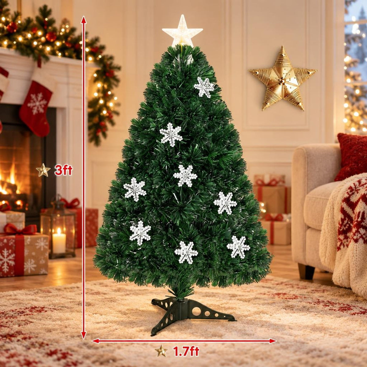 Airfind LED Optic Artificial Christmas Tree with Snowflakes-3 Feet, PVC Frame, 2.4 x 5 (Diameter x H) Height: 5 ft Weight: About 8 lbs Footprint