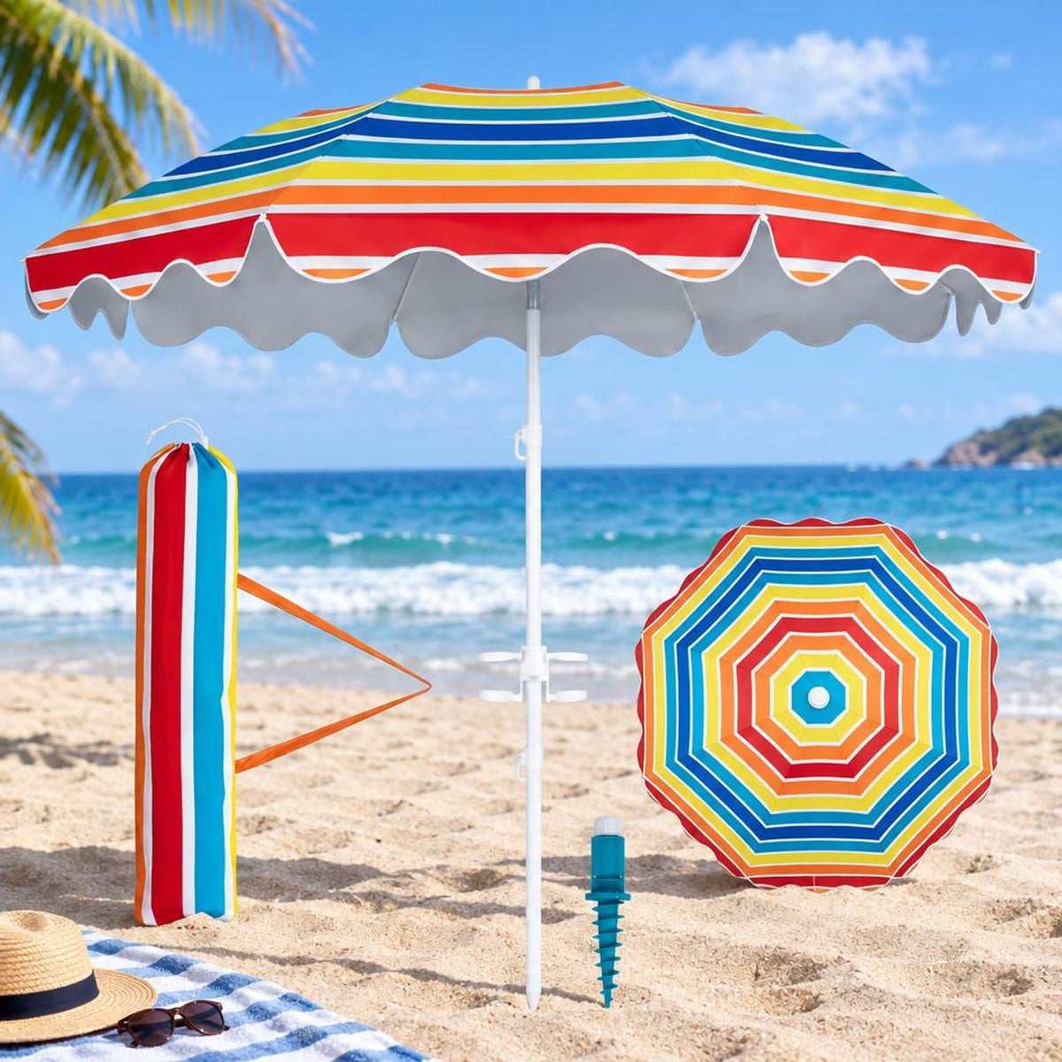 Airfind 6.5 FT Beach Umbrella UPF 50+ with Sand Anchor for Garden Pool Backyard, Polyester Fabric Metal Aluminum Alloy PP Frame, Blue Stripe