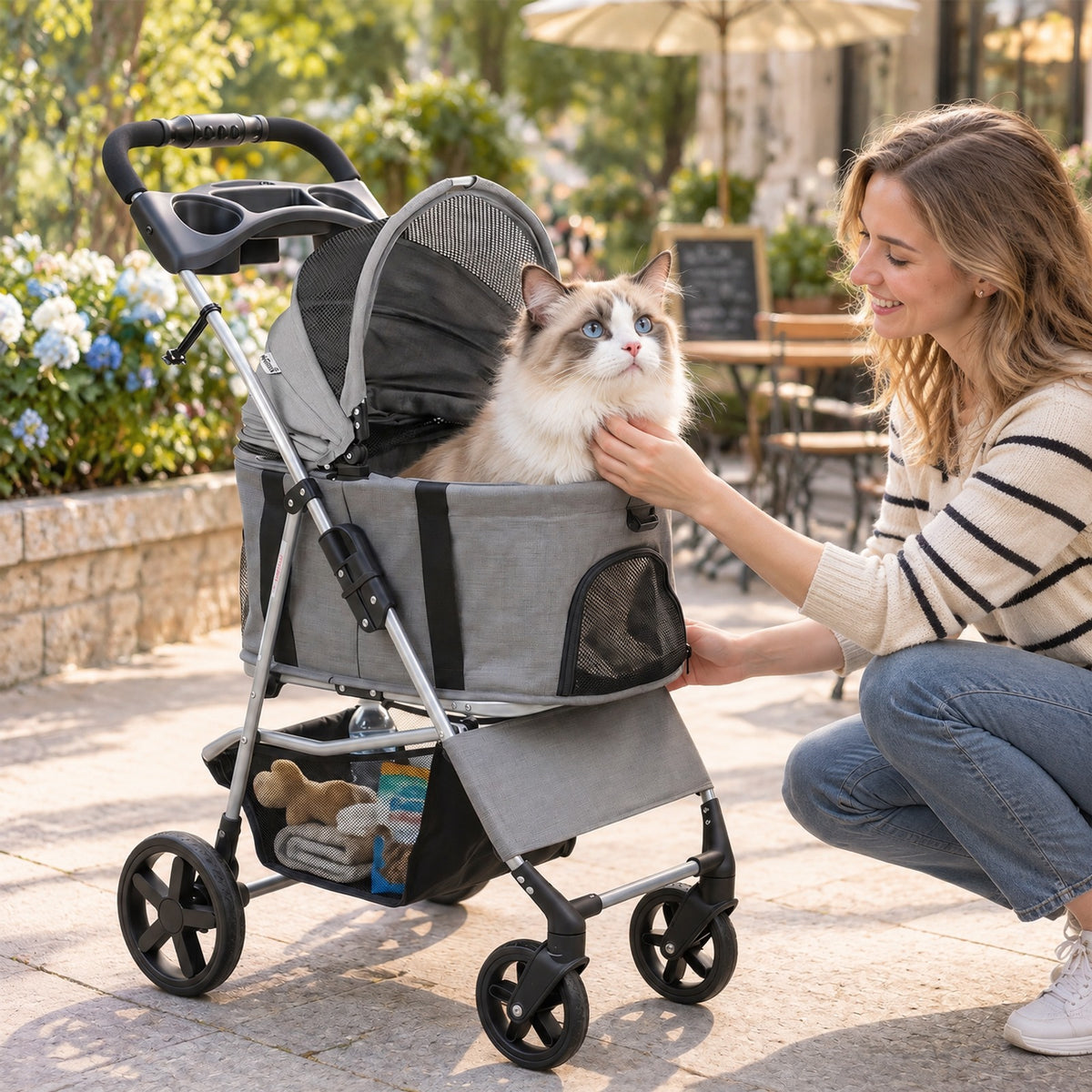 Airfind 3-in-1 Pet Stroller for Small Medium Dogs Foldable with Detachable Carrier, 26.5 lbs Capacity, 18.5in x 28.5in x 39.5in Footprint, Grey