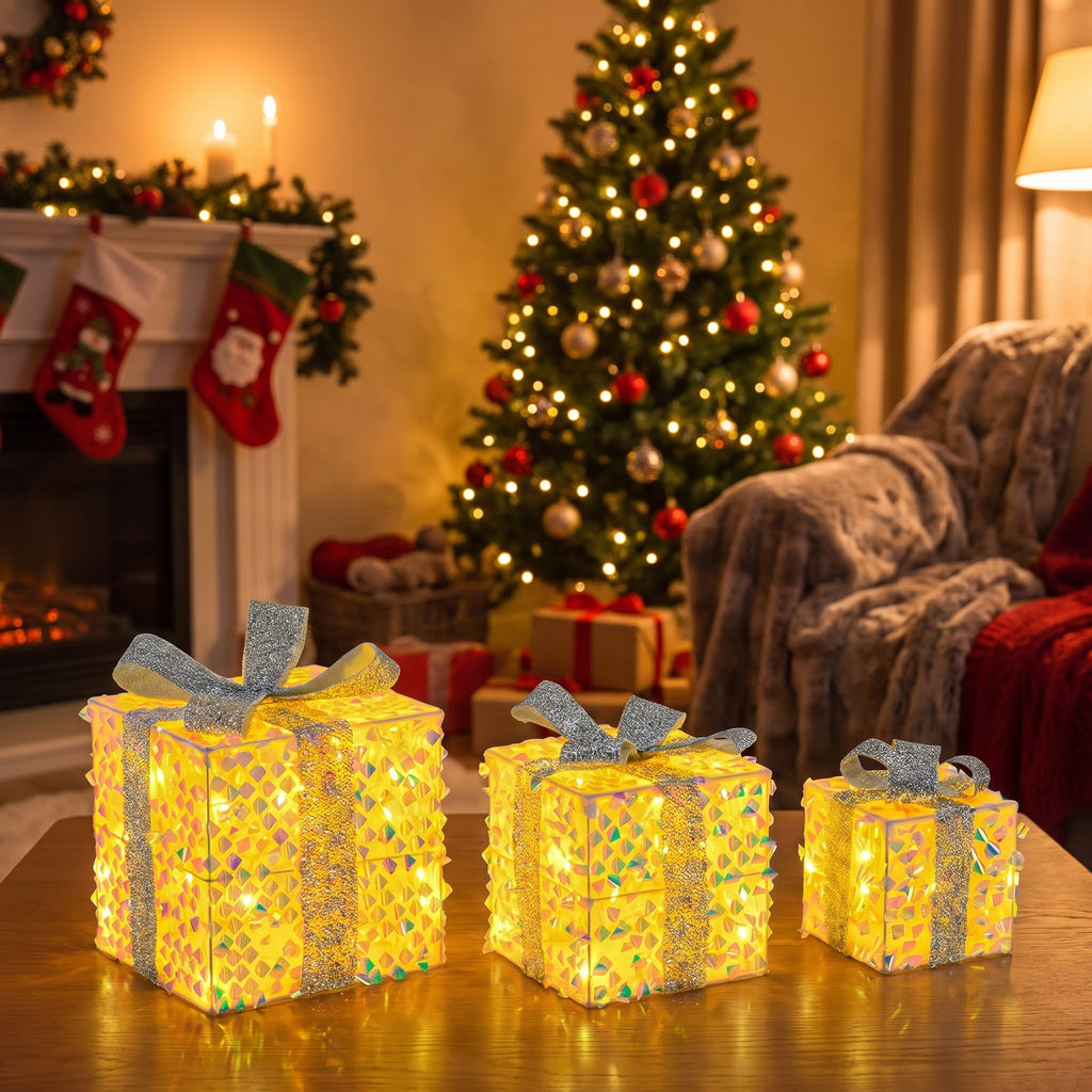Airfind Set of 3 Christmas Lighted Gift Boxes with Pre-lit 90 LED Light and Bows, PVC Polyester Metal Frame, 10 x 10 x 10 Footprint