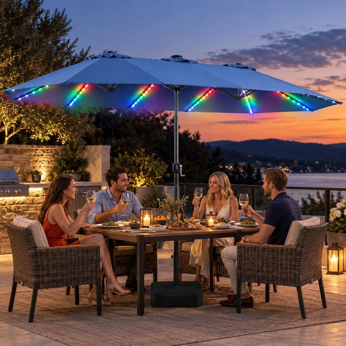 Airfind 15.5FT Extra-Large Patio Umbrella with Base 12 Reinforced Ribs, 180G Polyester Fabric Metal External Frame, Navy