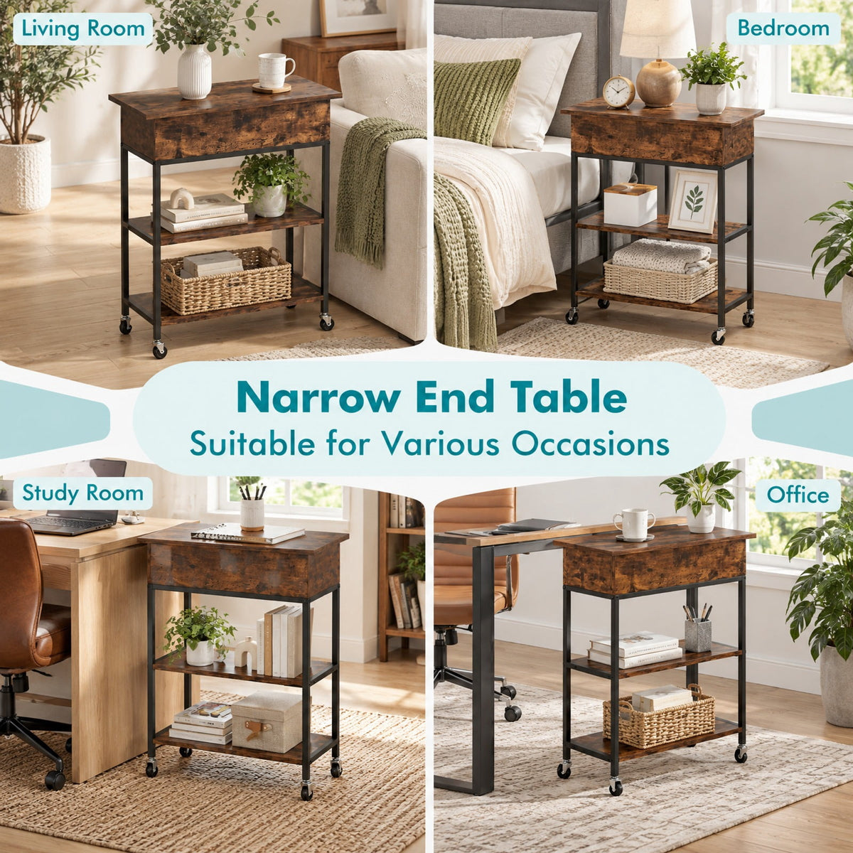 Airfind Lift Top End Table with Charging Station and Universal Wheels, 121 lbs Capacity, Engineered Wood Metal Frame, 24 x 9.5 x 25.5 Footprint