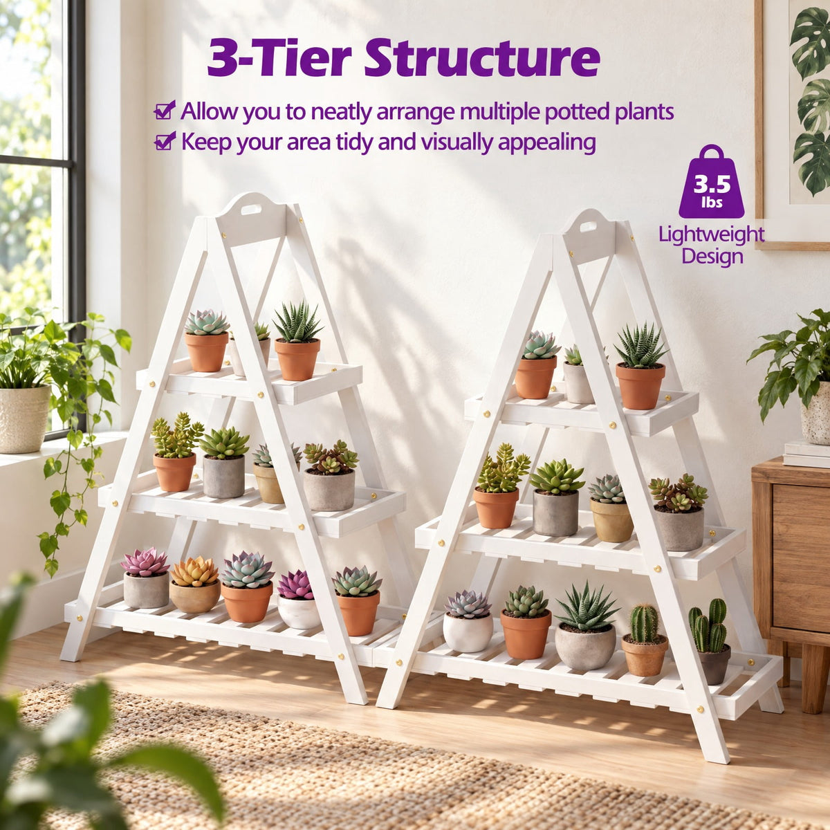 Airfind 3-Tier Plant Stand Flower Pot Display Shelf, Shelf 11 lbs Total Capacity, Fir Wood Frame, 23 x 10 x 28.5 Footprint, White