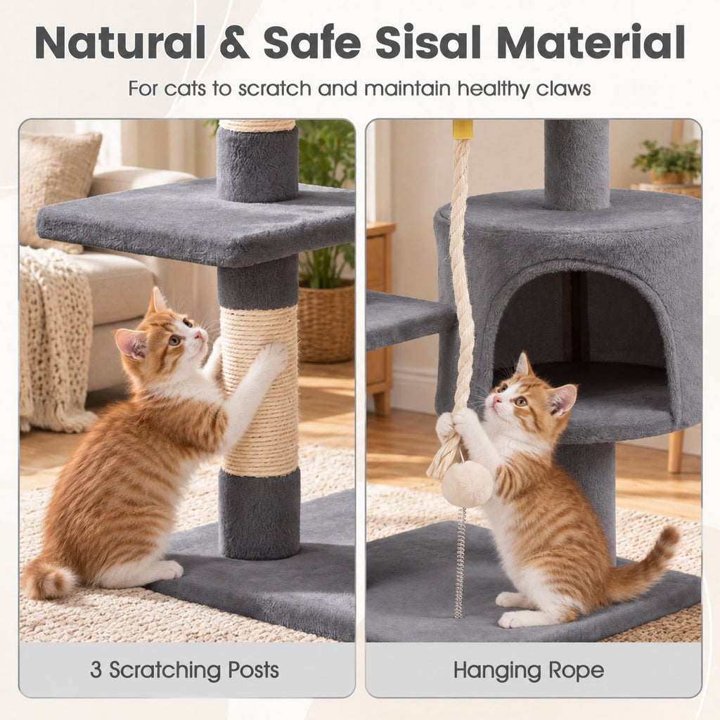 Airfind 36 Inch Tall Kitten Tower with Condo and Plush Perch, 22 lbs Capacity, Engineered Wood Sponge Plush Fabric Sisal Base Frame, Light Gray