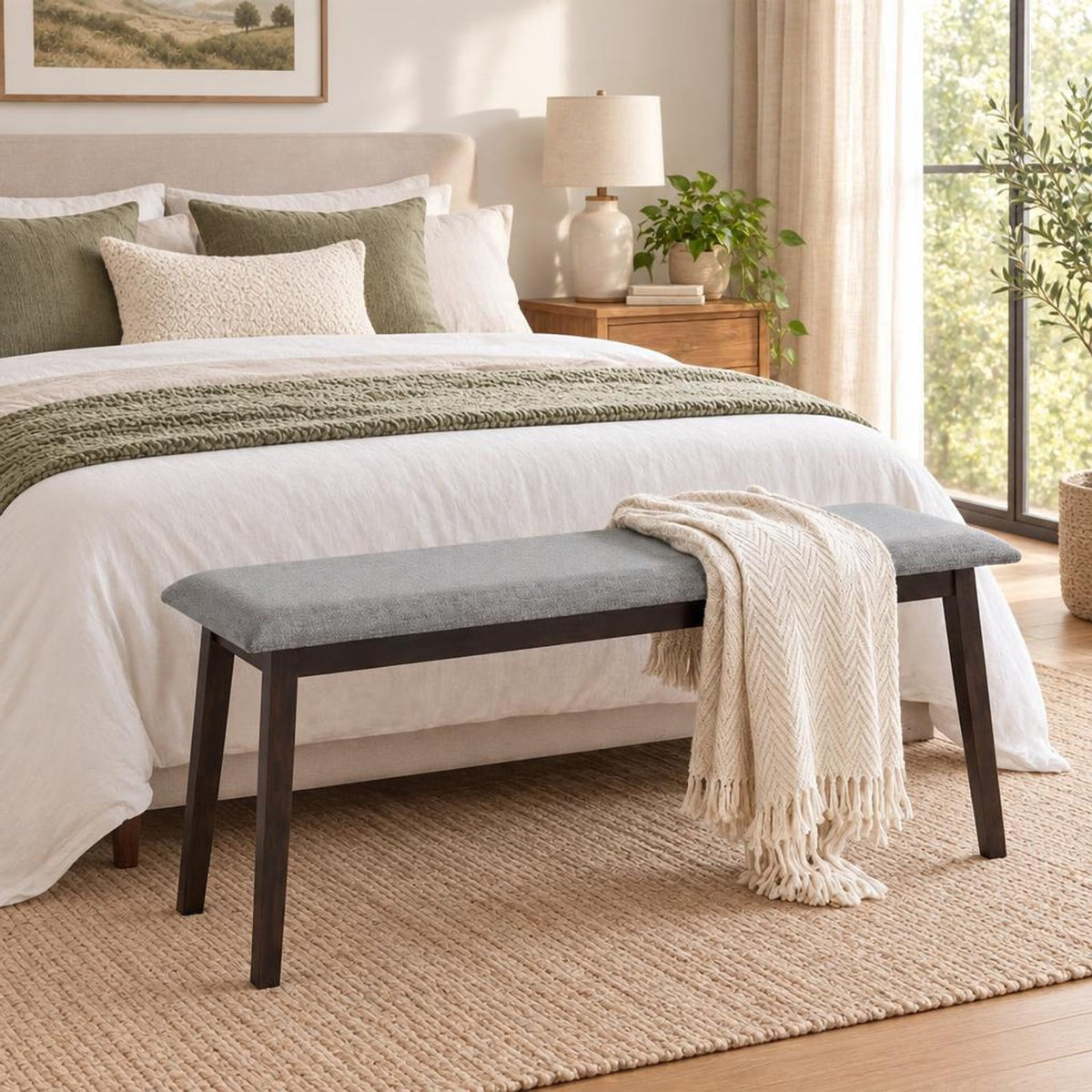 Airfind 43.5 Inch Upholstered Entryway Bench with Rubber Wood Frame, 550 lbs Capacity, Faux Linen Fabric Frame, 43.5 Inch x 14 Inch x 18 Inch Footprint, Grey