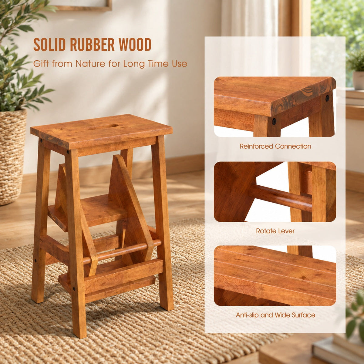 Airfind 3-in-1 Rubber Wood Step Stool with Convenient Handle, Rubber wood Frame, 22 x 16 x 24 Footprint, Coffee
