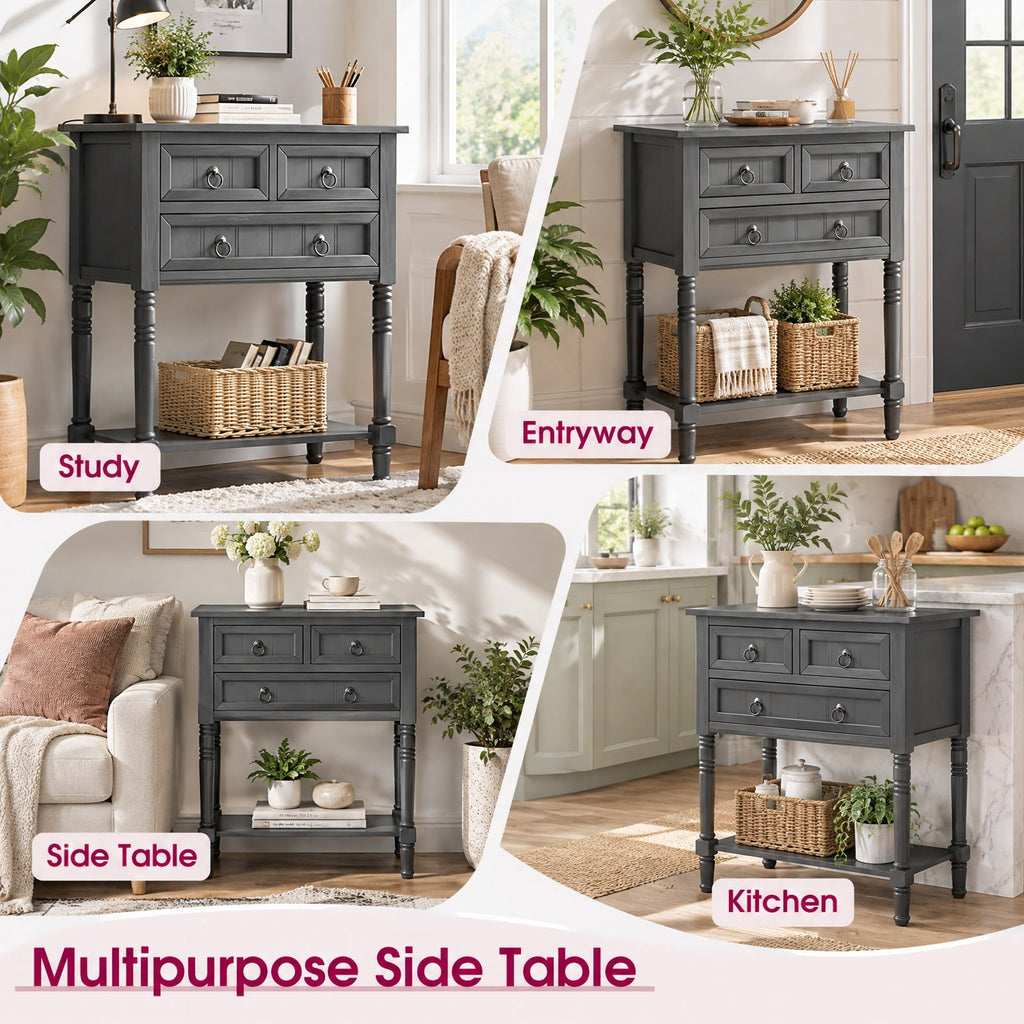 Airfind Narrow Console Table with 3 Storage Drawers and Open Bottom Shelf, 154 lbs Capacity, MDF Rubber wood Acacia Wood Frame, Gray
