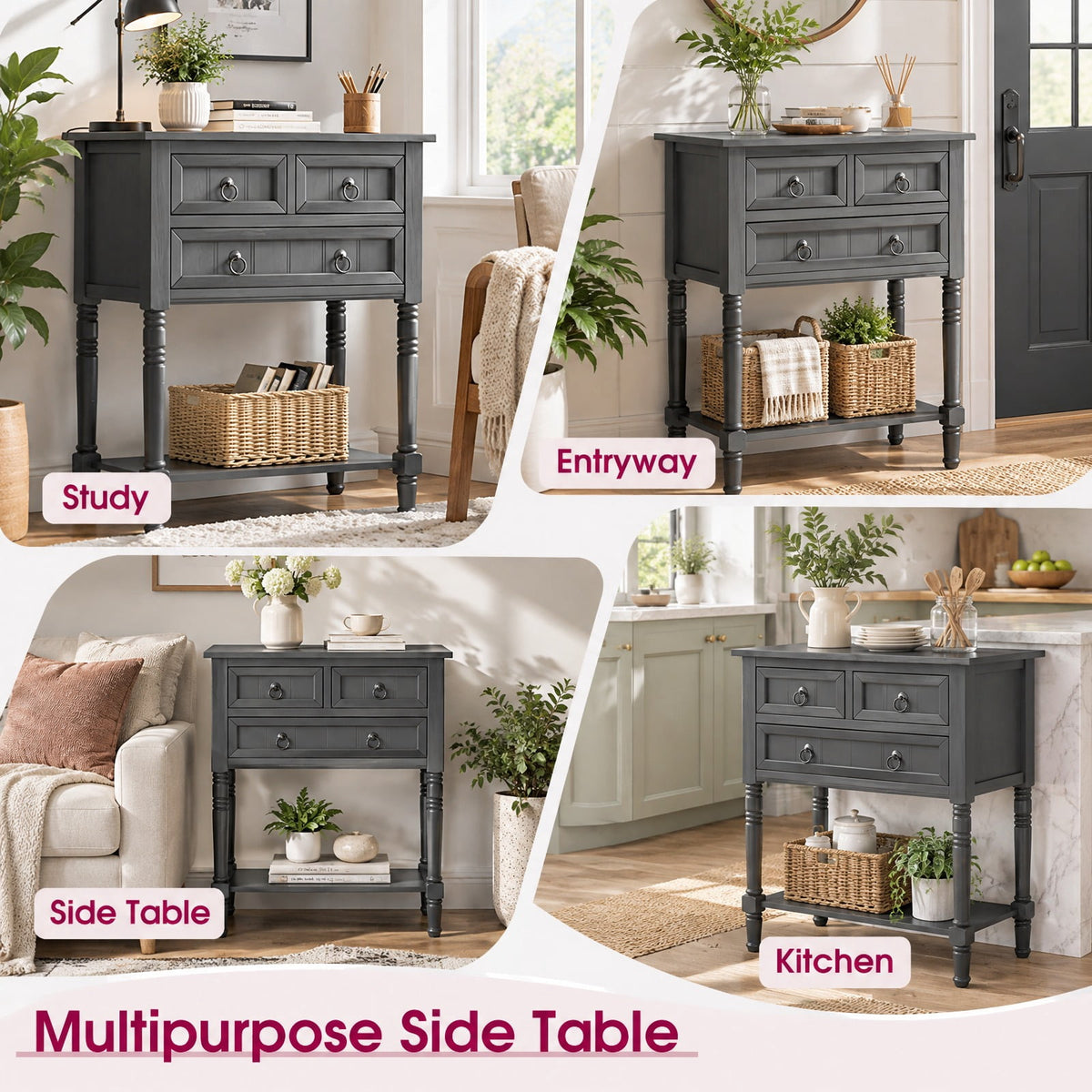 Airfind Narrow Console Table with 3 Storage Drawers and Open Bottom Shelf, 154 lbs Capacity, MDF Rubber wood Acacia Wood Frame, Gray