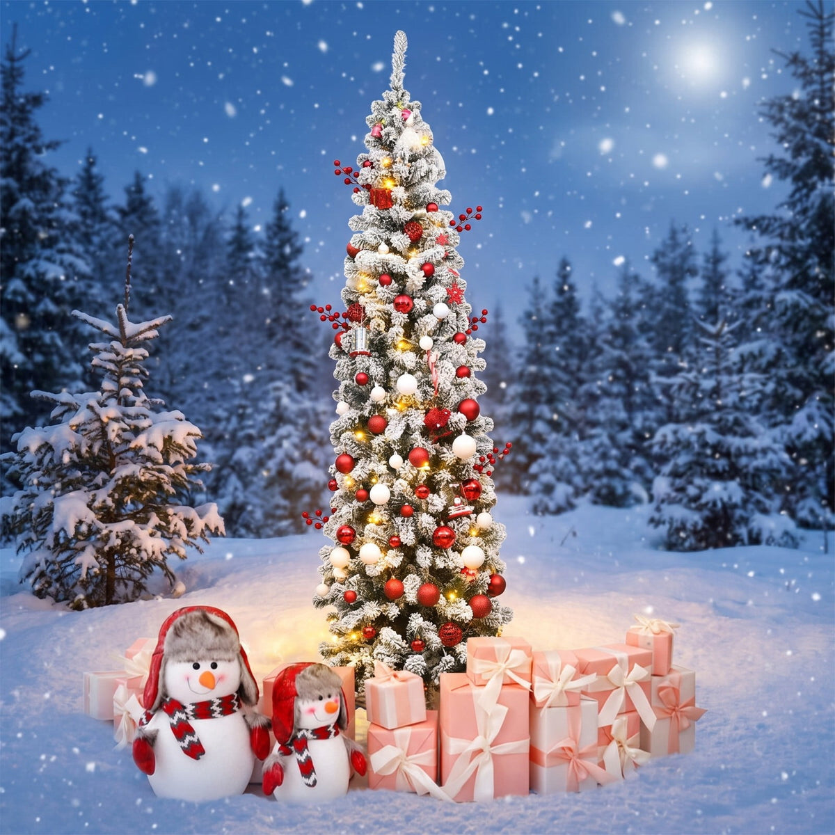 AIRFIND 7.5 ft Pre-Lit Pencil Christmas Tree with 350 Warm White LED Lights, 641 Flocked Branch Tips, Hinged Sections and Folding Metal Stand