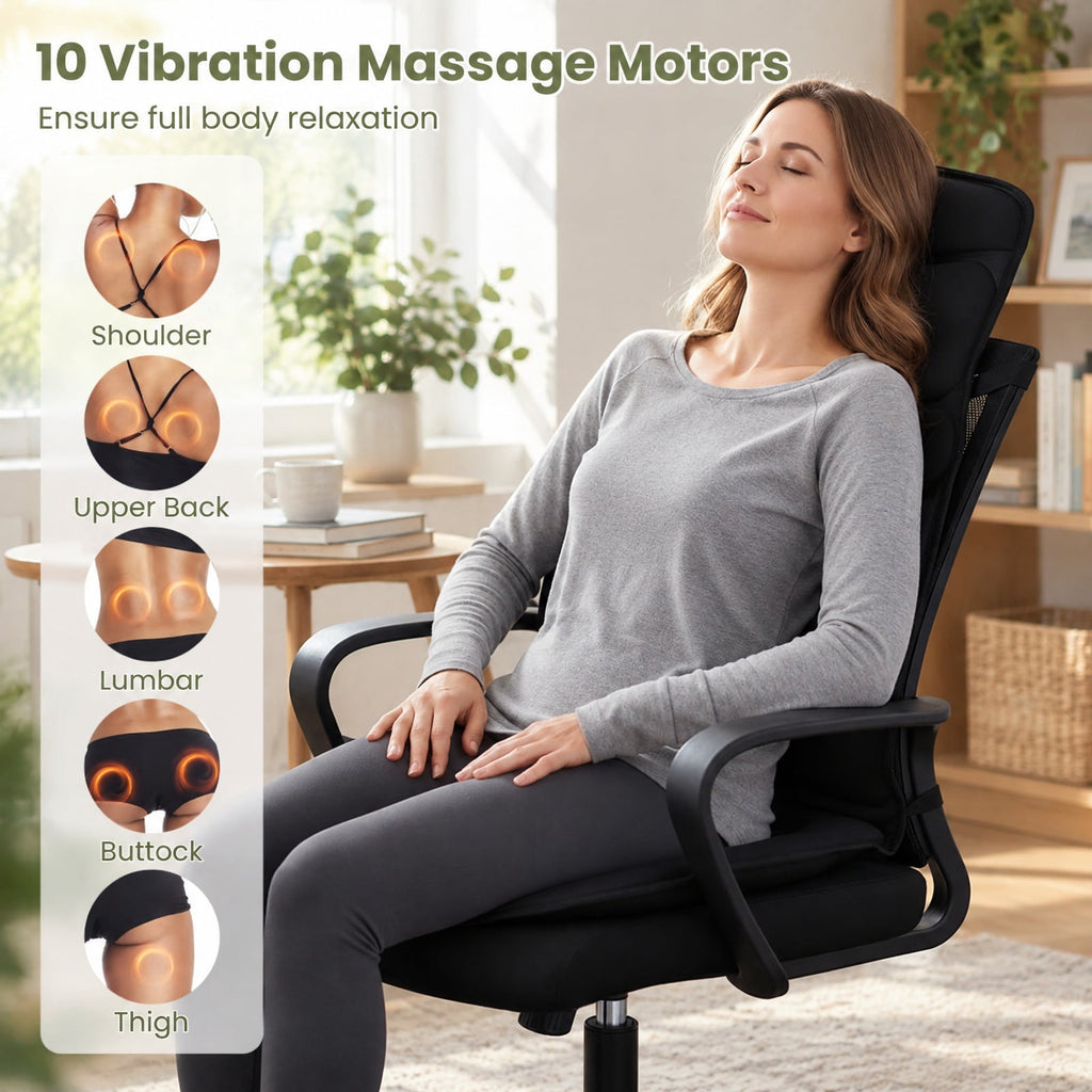 Airfind Back Massager Seat Cushion with Heat and 10 Vibration Motors for Pain Relief, Sponge Polyester Frame, 41.34 x 19.69 x 1.38 Footprint