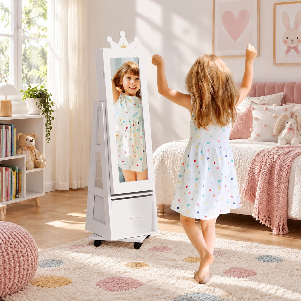 Airfind Kids Jewelry Armoire Cabinet with Swivel Base and Lockable Universal Wheels, 12.5 x 12 x 47Net Weight 19.5 lbsBox Qty1 Footprint