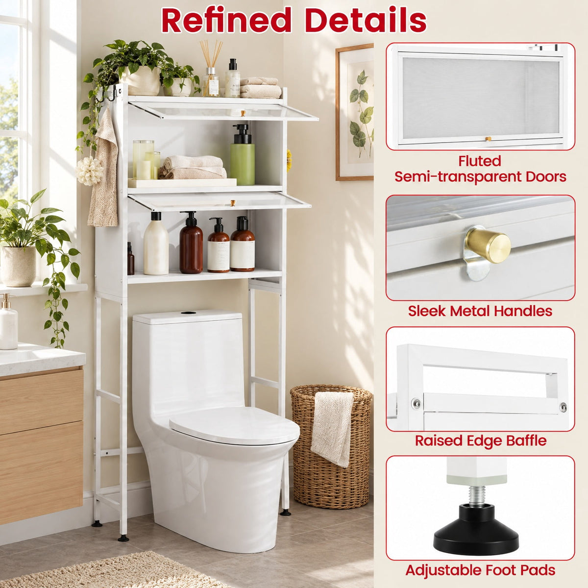 Airfind Over-the-toilet Cabinet Bathroom Organizer with 2 Flip-up Cabinets, 33 Lbs Capacity, Carbon Steel PC Plastic, White
