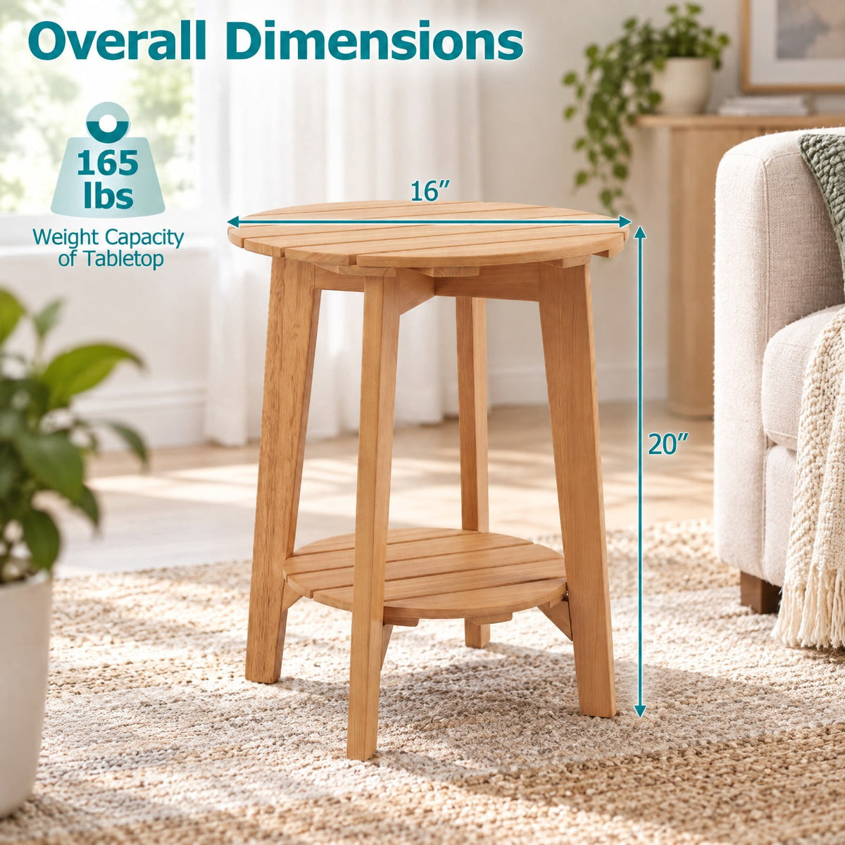 Airfind Set of 2 Eucalyptus Wood Side Table 2-Tier with Slatted Tabletop and Storage Shelf for Outdoor, 165 lbs Capacity, Eucalyptus Wood Frame