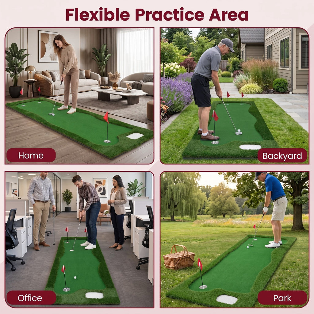 Airfind 10 x 3.5ft Golf Putting Green Mat with 3 Hole Cups and 3 Flags, Indoor Outdoor Practice Putting Training Turf for Home Backyard Garage Office, Green