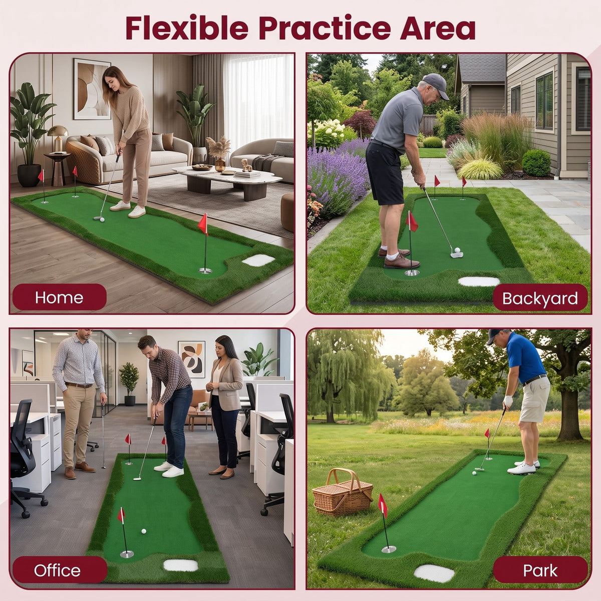 Airfind 10 x 3.5ft Golf Putting Green Mat with 3 Hole Cups and 3 Flags, Indoor Outdoor Practice Putting Training Turf for Home Backyard Garage Office, Green