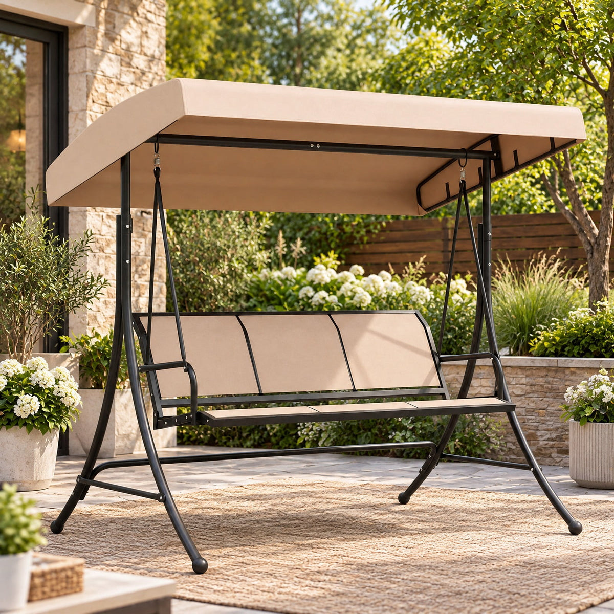 Airfind 3-Seat Patio Swing Chair with Adjustable Canopy, 800 lbs Capacity, Metal Frame, 75 Inch x 48 Inch x 67 Inch Footprint, Beige