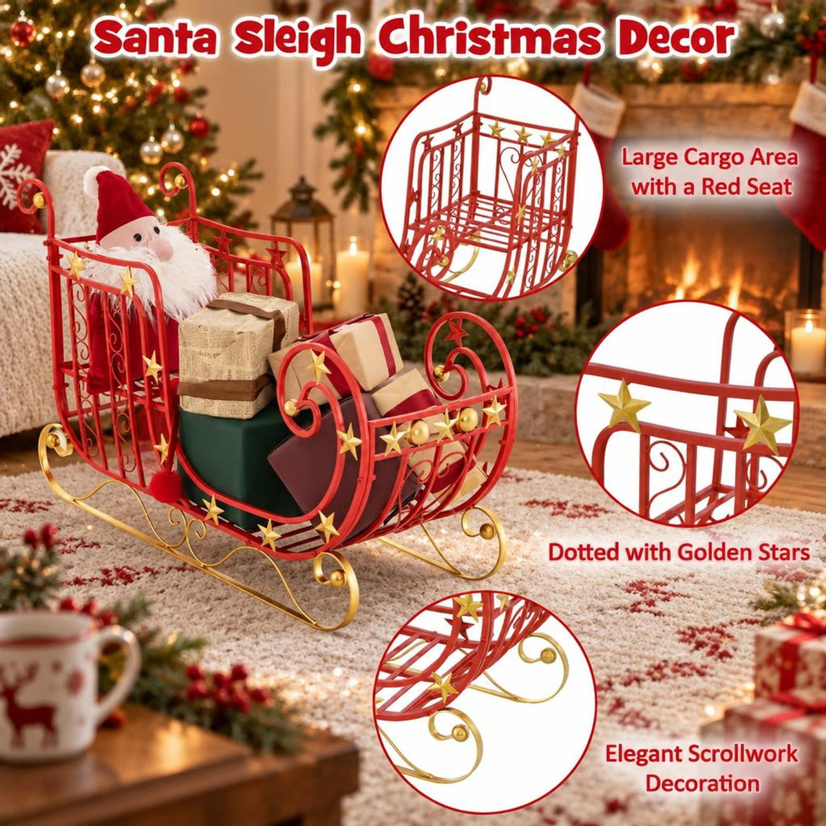 Airfind Metal Christmas Santa Sleigh with Large Cargo Area for Gifts, Metal Frame, 39 Inch x 14 Inch x 24 Inch Footprint, Red + Golden