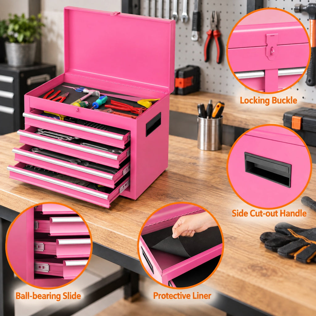 Airfind 2-in-1 Rolling Tool Chest with 5 Sliding Lockable Drawers, 220.5 lbs Capacity, Steel rubber-plastic synthetic Frame, Pink Main