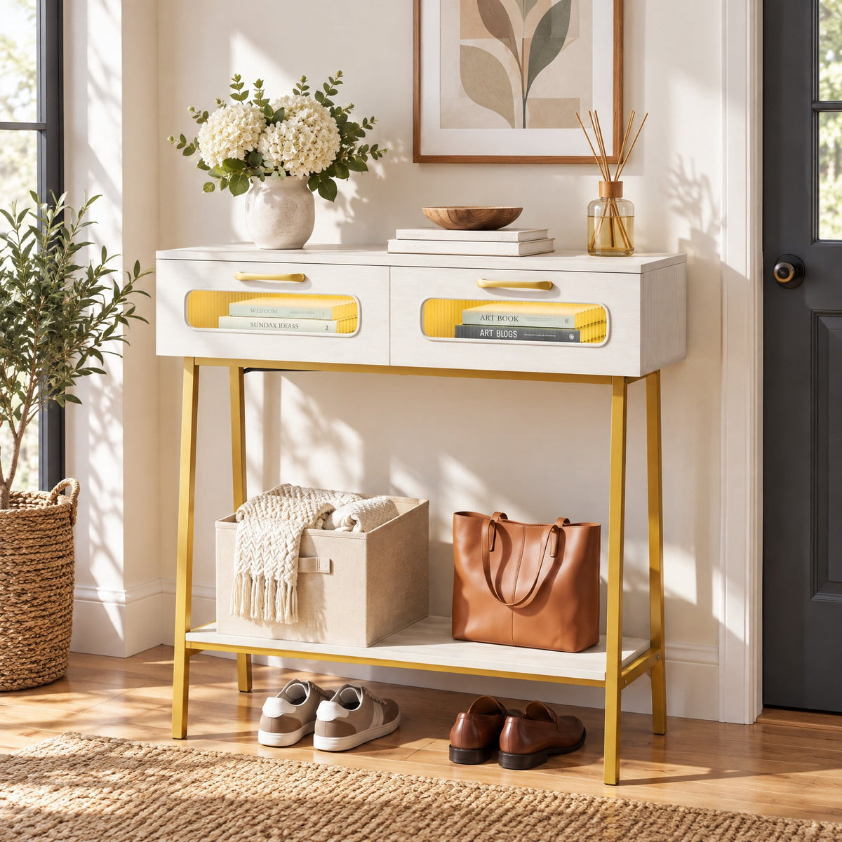 AIRFIND Console Table with LED Lights, 2 Fluted-Front Drawers and Open Shelf, 36 inch Entryway Sofa Table with Metal Legs, White and Gold