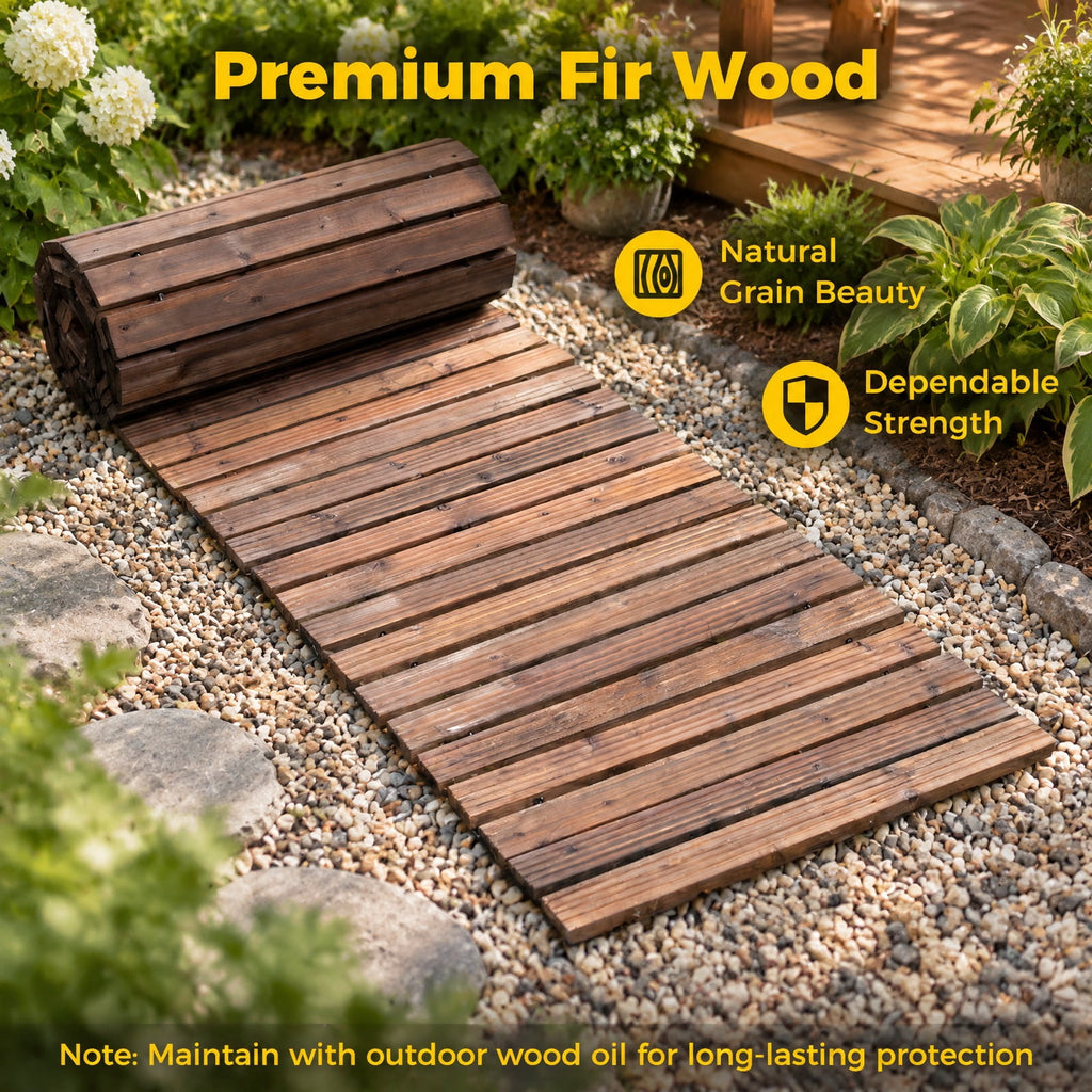 Airfind 12 FT Wood Garden Pathway 22 Inches Wide Outdoor Roll Out Straight Walkway, Cedar Wood Metal Pe, 12 Ft X 22 Inch X 0.6 Inch, Brown