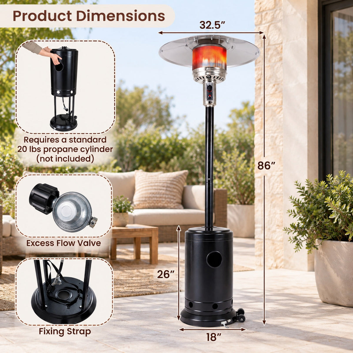 Airfind 50 000 BTU Patio Propane Gas Heater with Stainless Steel Burner, Stainless Steel Metal Aluminum Frame, 32.5in x 86in Footprint, Black