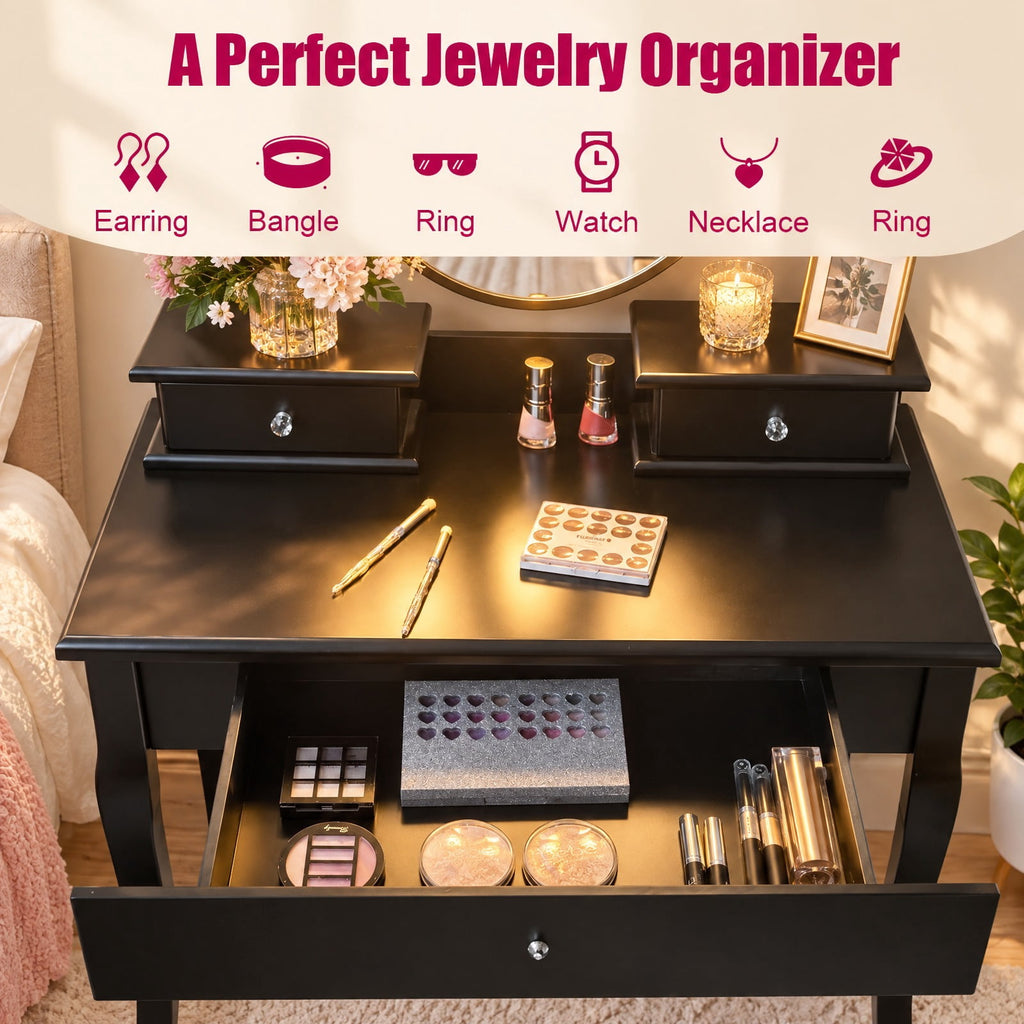 Airfind 3 Drawers Lighted Mirror Vanity Dressing Table Stool Set, Pine PE plastic MDF Frame, 30 Inch x 16 Inch x 55 Inch (L x W x H) The Footprint, Black