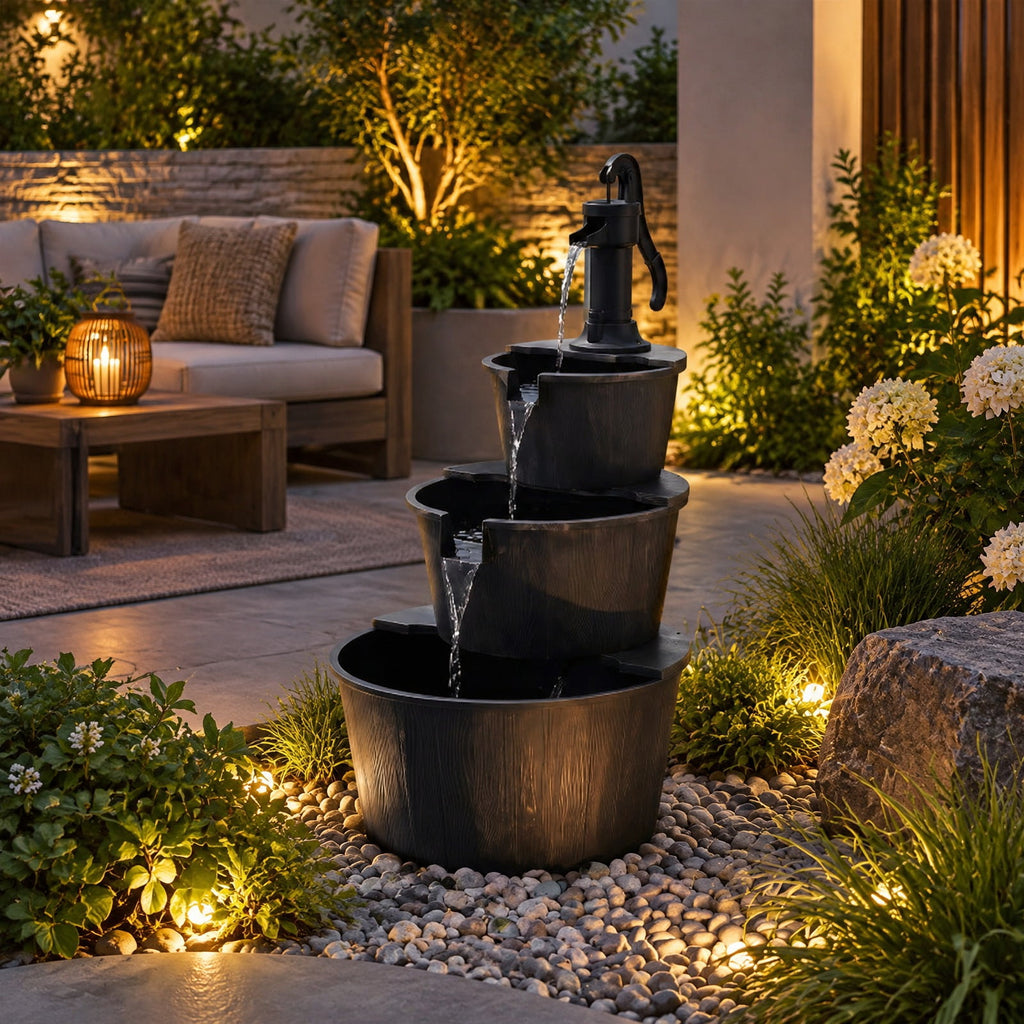 Airfind 3-Tier Outdoor Barrel Waterfall Fountain with Electric Pump, PP Metal Frame, 24 x 21 x 37 Footprint, Bronze Black