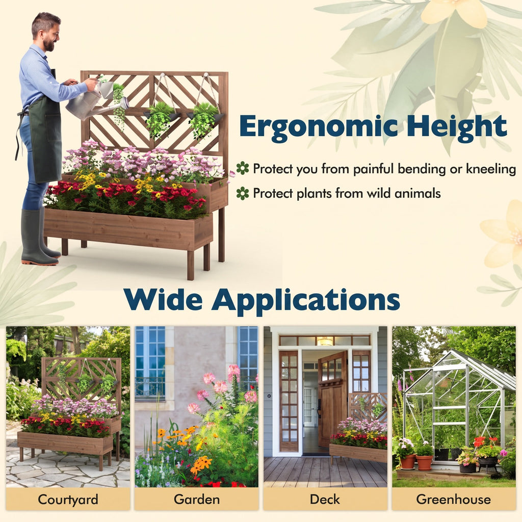 Airfind 2-Tier Raised Garden Bed with Trellis, Fir wood Frame, 43 x 24.5 x 53 (L x W x H) Interior Footprint, Brown