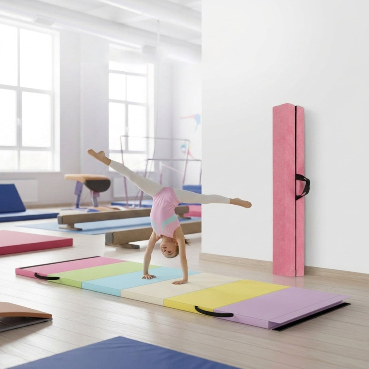 Airfind Gymnastics Practice Set with Tri-Fold PU Mat and 9 ft Folding Balance Beam, Multi-Color