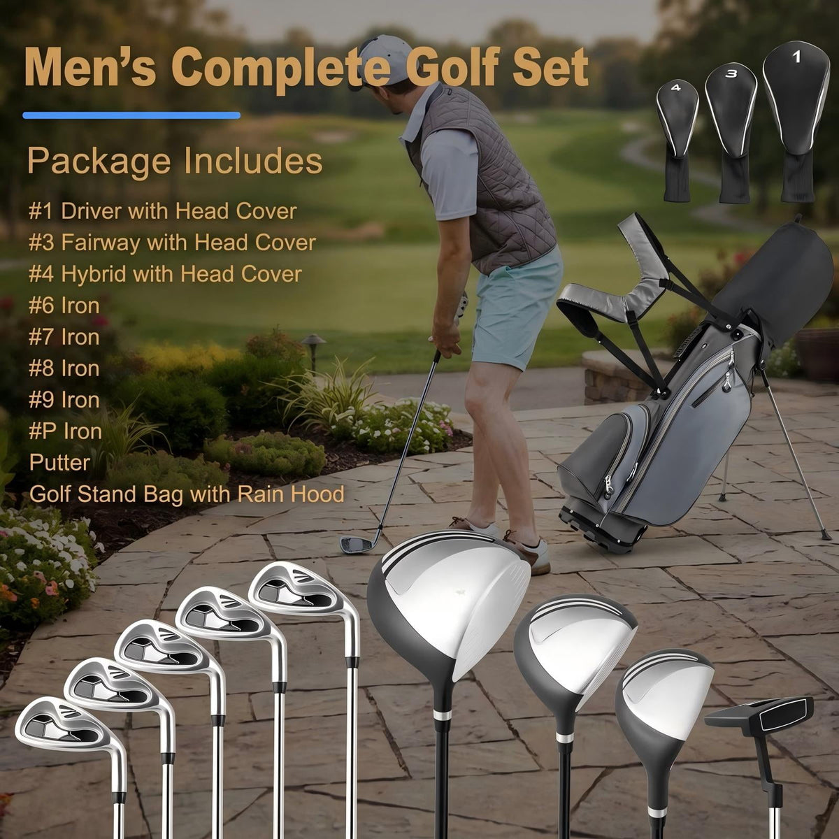 Airfind Mens Complete Golf Club Package Set, 10-Piece Right-Handed Kit with 460cc Driver, Fairway Wood, Hybrid, Irons, Putter and Stand Bag, Gray