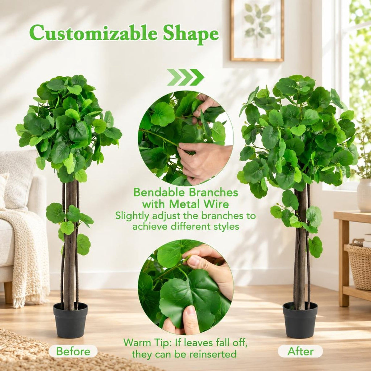 Airfind 44 Inch Artificial Tree with Adjustable Branches for Decor, Pongee Fabric PE PP Eucalyptus Wood Frame, Green