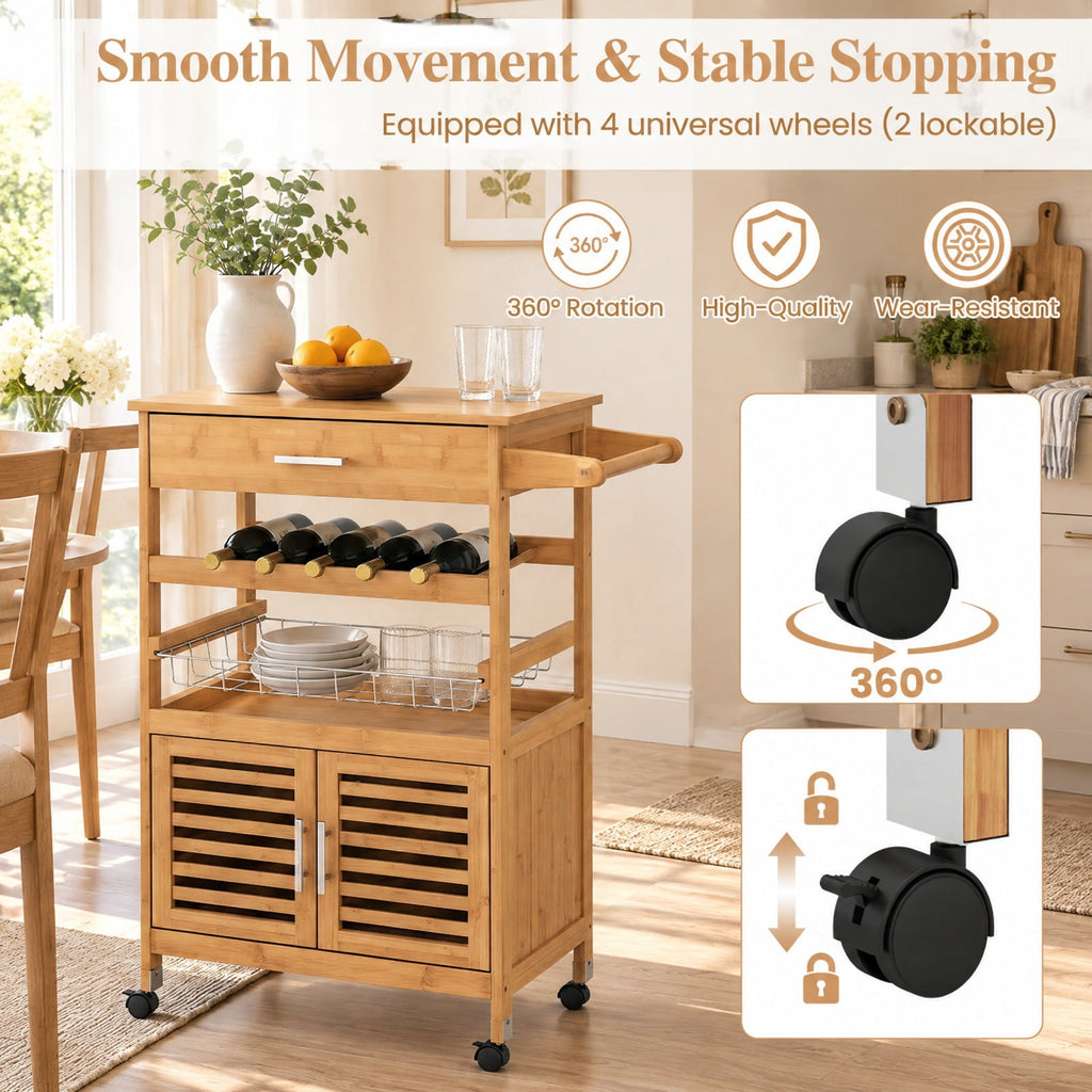 Airfind Bamboo Rolling Kitchen Island Trolley with Storage Cabinet and Wine Rack, 66 lbs Capacity, Bamboo Engineered Wood Metal Frame, Natural