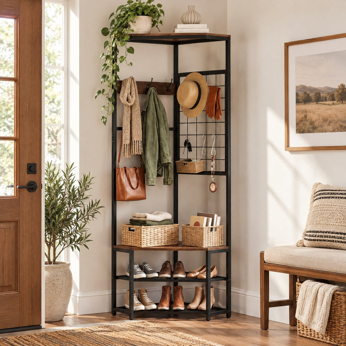 Airfind Corner Hall Tree Freestanding Coat Rack with Storage Shelves Removable Hooks, 220 lbs Capacity, Engineered Wood Metal Frame, Brown
