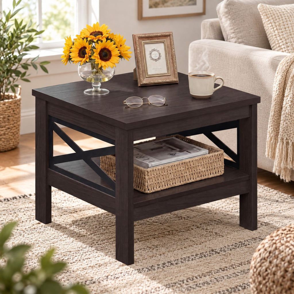Airfind 2-Tier Square Side Table with Storage Shelf and X-Frame for Bedroom Living Room, 220 lbs Capacity, Engineered Wood MDF Frame, Brown