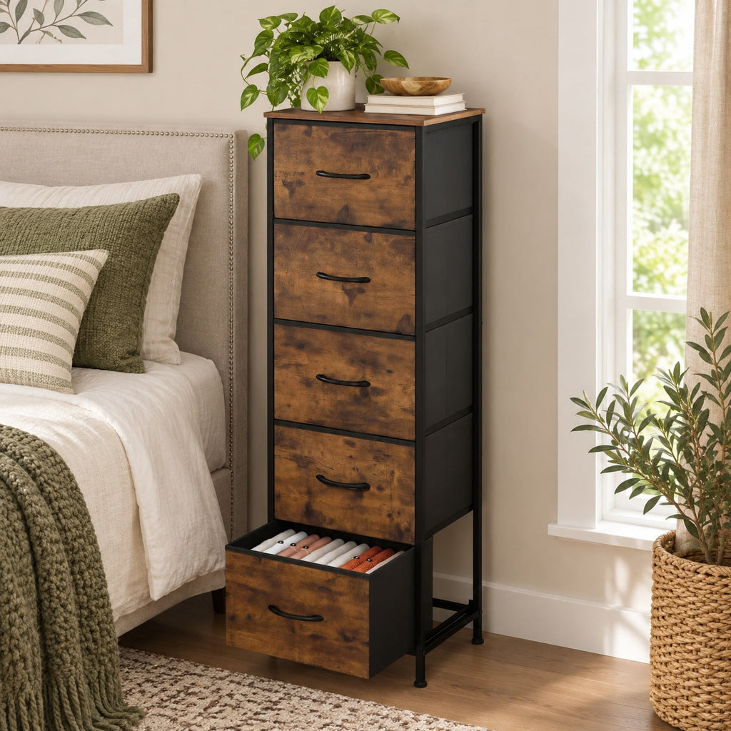 Airfind Dresser Nightstand with 5 Roomy Fabric Drawers for Bedroom, 130 lbs Capacity, Metal Engineered Wood Non-Woven Fabric Frame, Brown