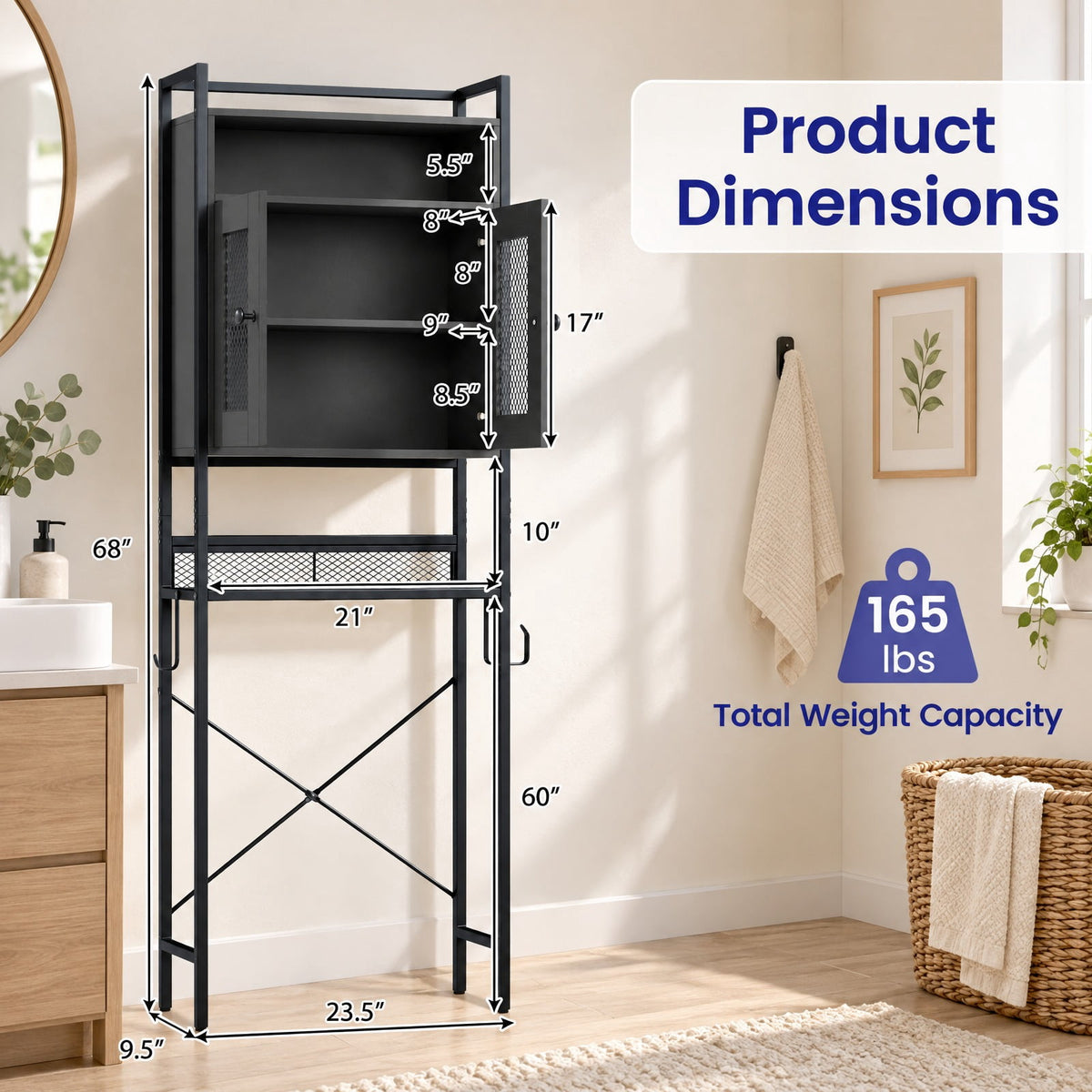 Airfind Over-the-toilet Storage Cabinet featuring Heavy-duty Metal Frame 2-door Freestanding, Engineered Wood Metal Frame, Black