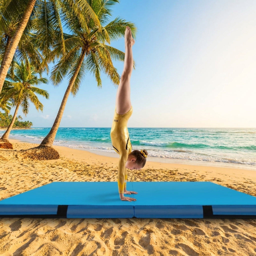 Airfind 4 x 4 FT Bi-Folding Gymnastic Tumbling Mat with Carry Straps and Washable Cover, 4 Inch Thick Foam Exercise Mat, Blue