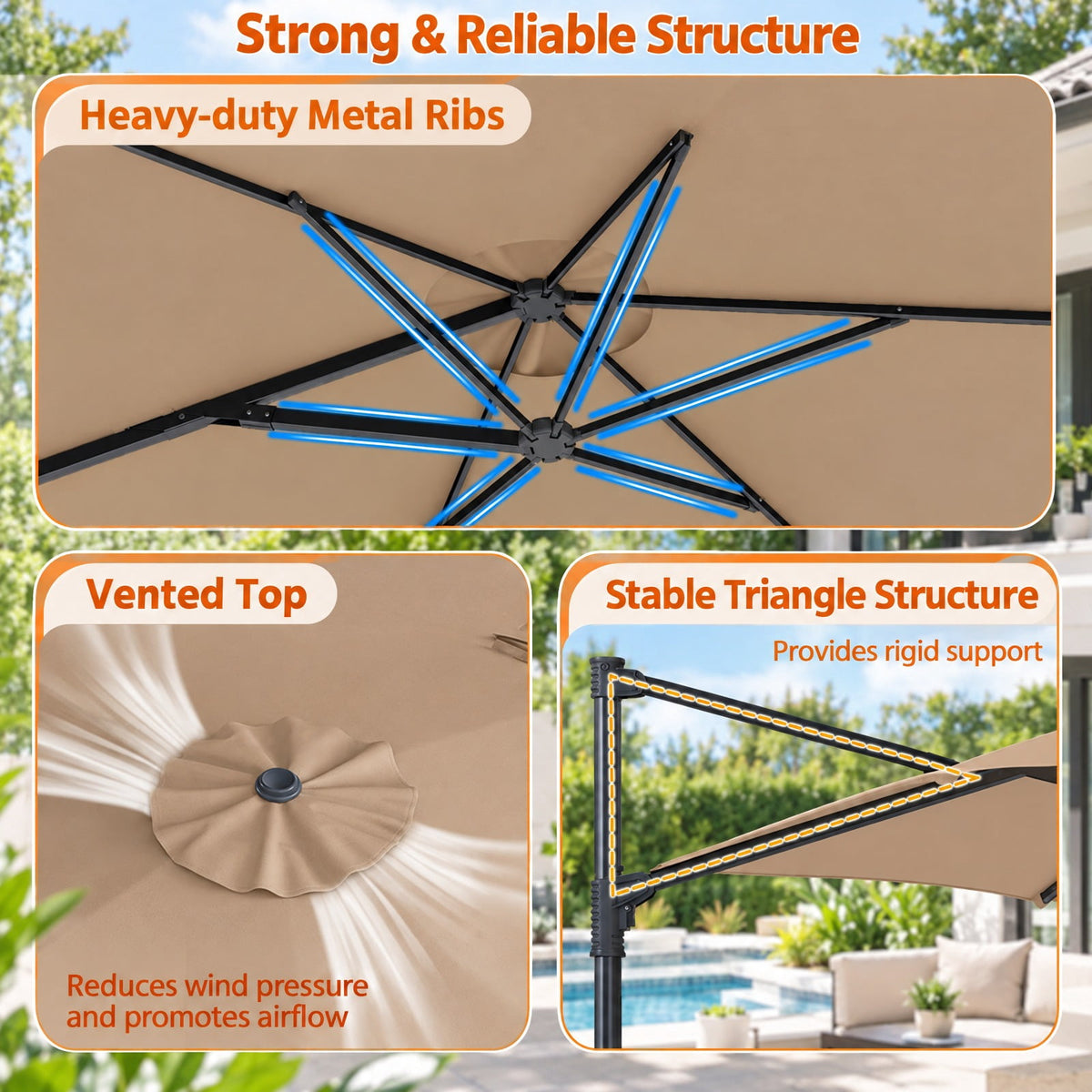 Airfind 10 FT Patio Cantilever Umbrella with 360° Rotation and Air Vent for Backyard and Poolside, Polyester Fabric Metal PP Frame, Tan