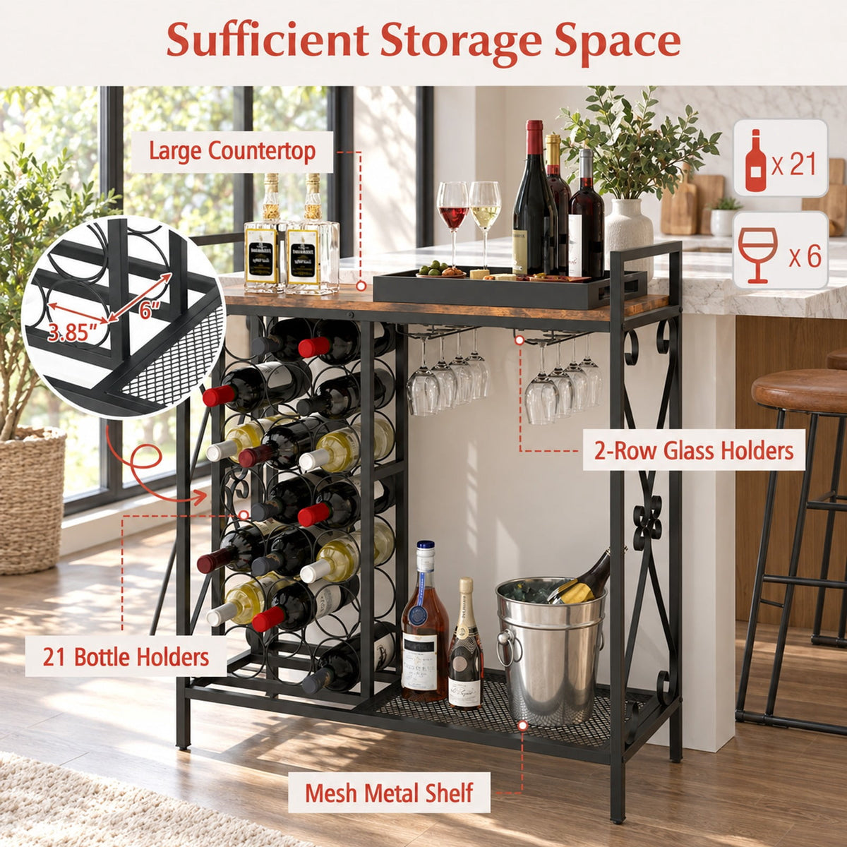 Airfind 21 Bottle Wine Rack Freestanding Floor Wine Bottle Organizer with Glass Holder, 44 lbs Capacity, Metal Engineered Wood Frame, Brown