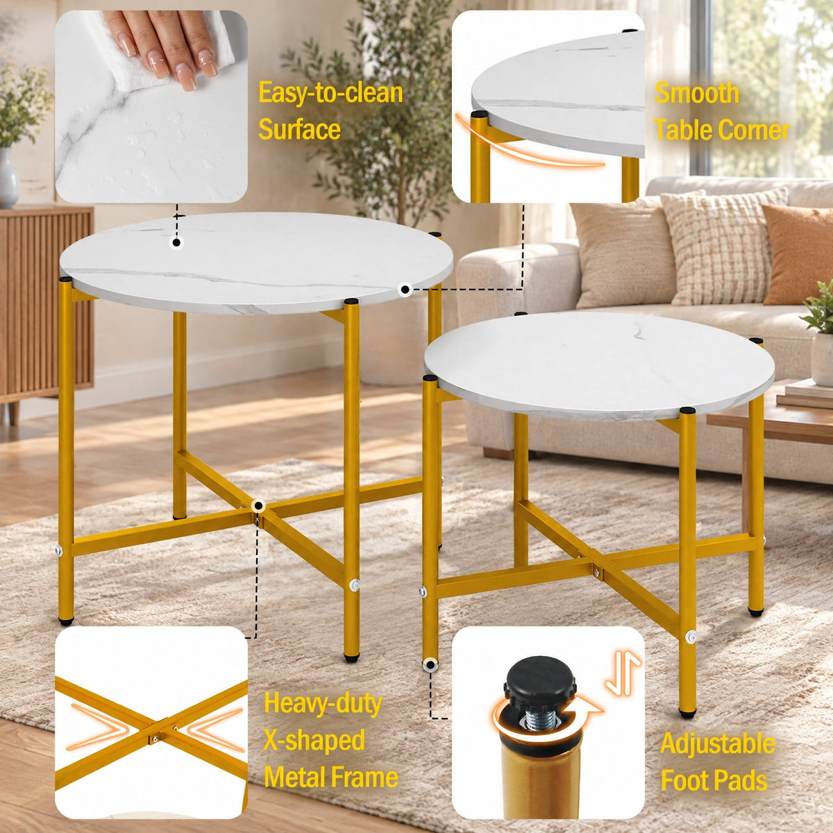 Airfind Round Coffee Table Set of 2 with Heavy-Duty Metal Frame, 200 lbs Capacity, Engineered Wood Metal Frame, 25.5 x 25.5 x 20 Footprint, White