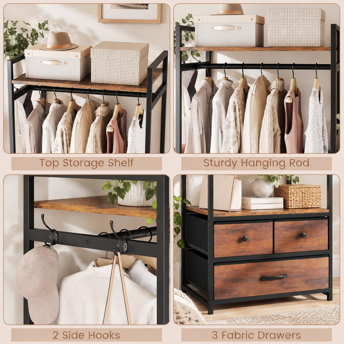 Airfind Clothes Rack with Drawers and Shelves with Side Hooks and Metal Frame, 22 lbs Capacity, Metal Engineered Wood Fabric Frame, Brown