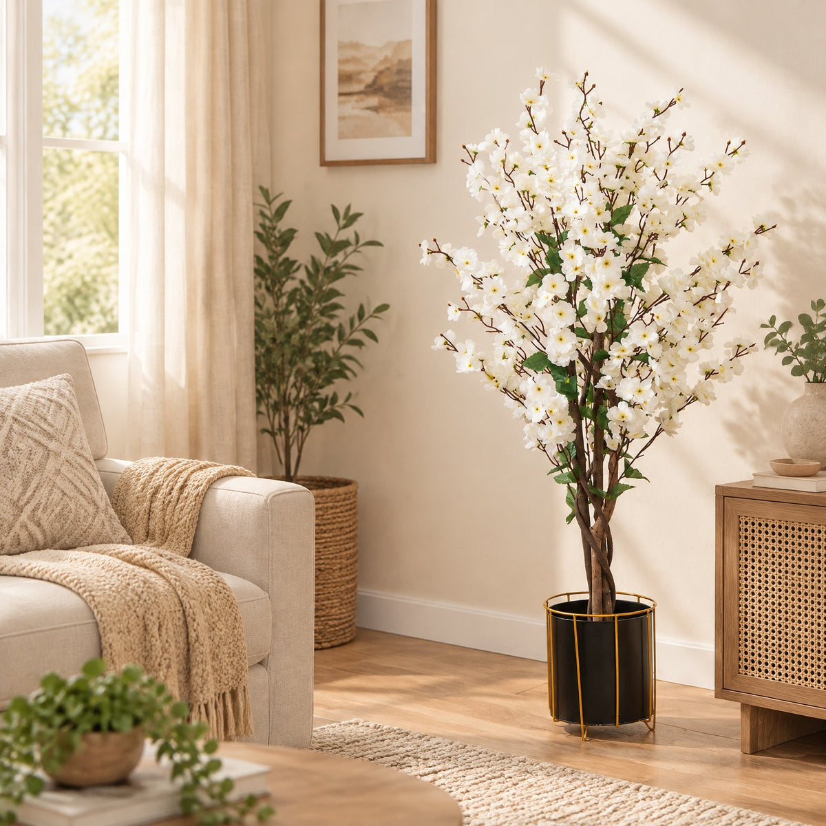 AIRFIND Artificial Plum Blossom Tree 47 in with White Fabric Flowers, Wood Trunk and Cement-Filled Pot for Home and Office Decor