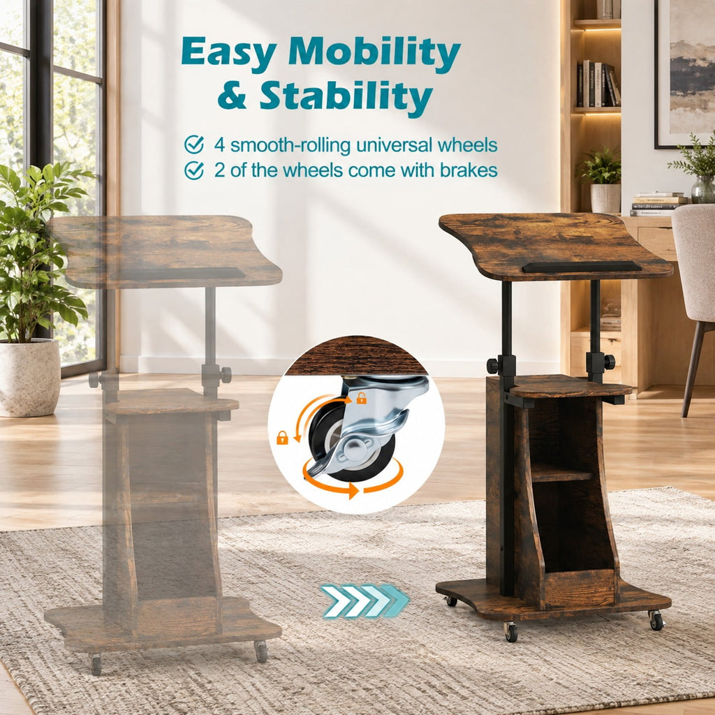 Airfind Mobile Podium Stand Height Adjustable Laptop Cart with Tilting Tabletop and Storage Compartments, 200 lbs Capacity, Brown