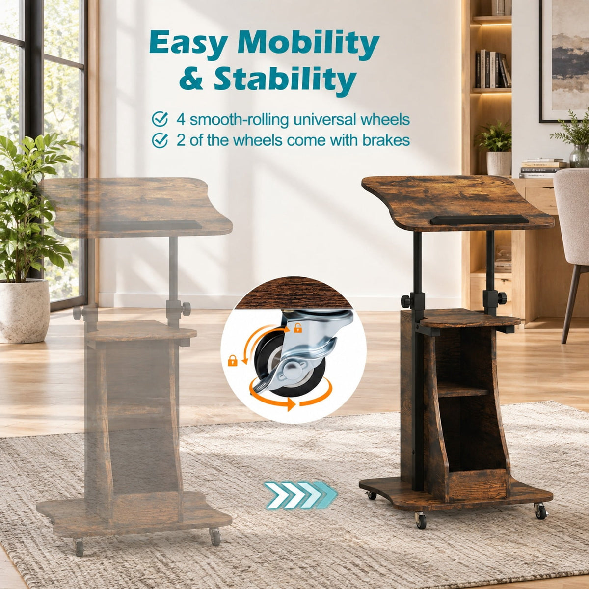 Airfind Mobile Podium Stand Height Adjustable Laptop Cart with Tilting Tabletop and Storage Compartments, 200 lbs Capacity, Brown