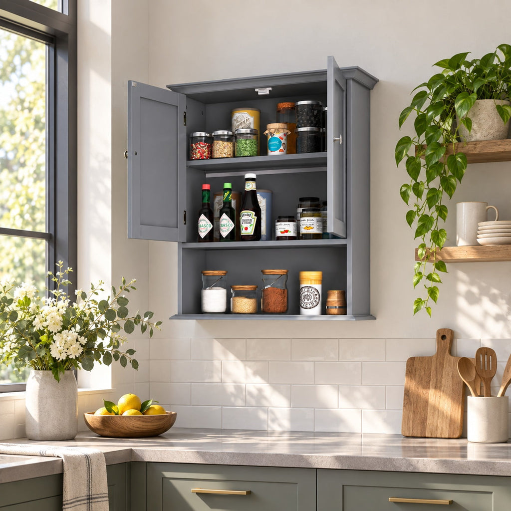 Airfind Wall Mount Bathroom Cabinet, Storage Organizer with Doors and Shelves, MDF Metal Frame, Overall dimension 23.5 Inch x 7.5 Inch x 28 Inch, Gray