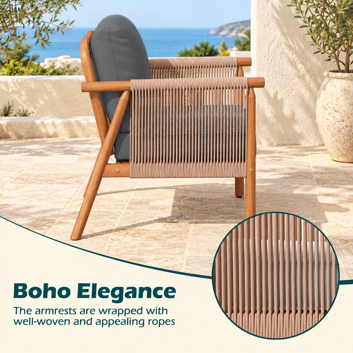 Airfind Patio Acacia Wood Chair Set of 4 with Woven Rope Armrests and Seat Back Cushions for Backyard, 400 lbs Capacity, Gray